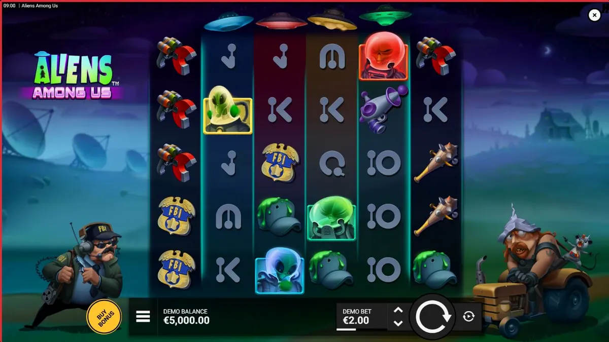 Aliens Among Us slot machine interface featuring FBI agents and green aliens