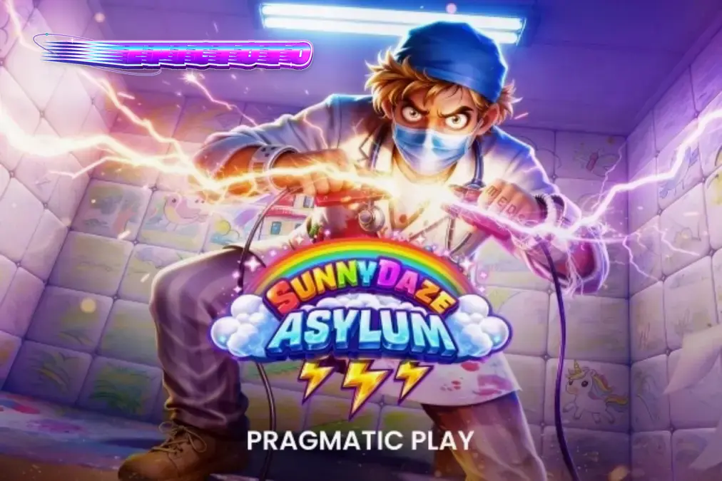 Tampilan visual slot Sunnydaze Asylum dengan tema rumah sakit neon